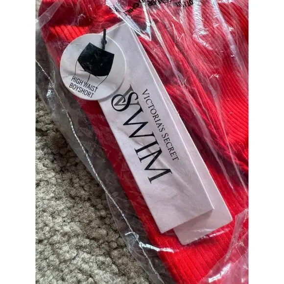 Victoria's Secret Swim Bottoms Red Ribbed High Waist Boyshort Bikini Bottom - Picture 3 of 3